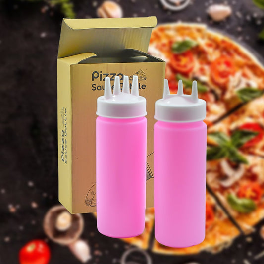 Plastic bottles with three nozzles, ideal for sauces, mayonnaise, and chocolate syrup, packaged in a set of two