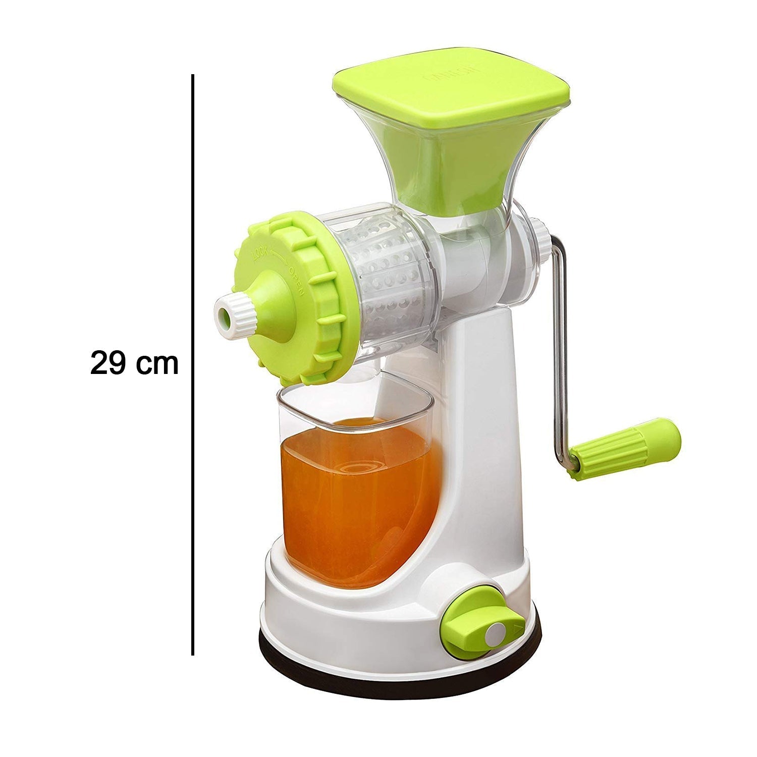 Kitchenware plastic hand juicer by Ganesh, random colors, shown from different angles.