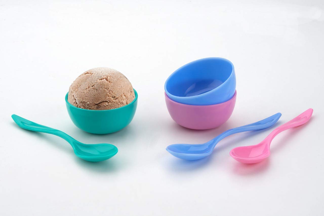 Snack set components laid out together: spoon, bowl, and dish.