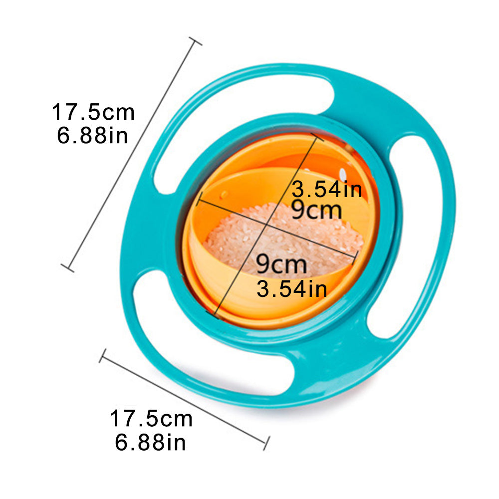 Portable toddler feeding bowl with gyro design, non-spill and rotating for easy use.