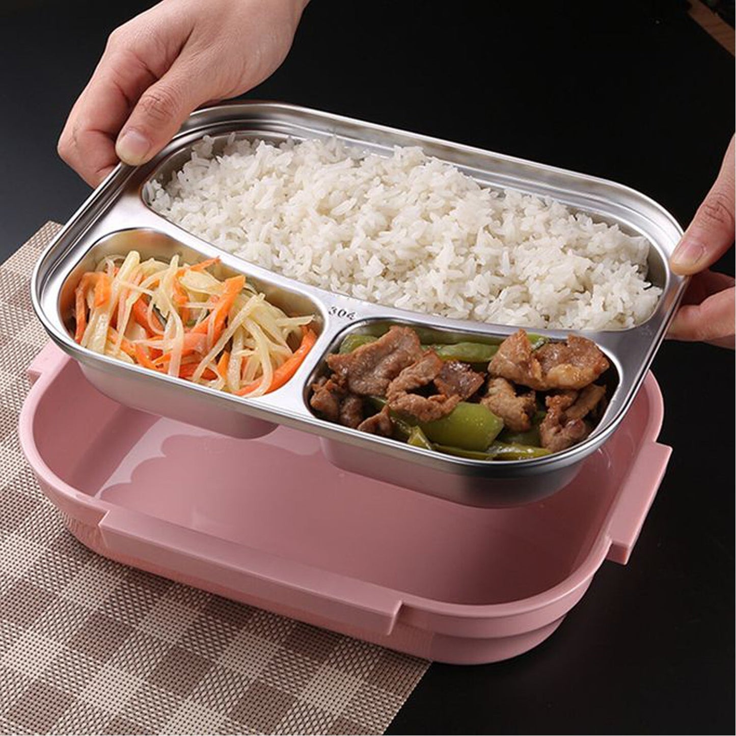 2041 Pink Lunch Box for Kids and adults, Stainless Steel Lunch Box with 3 Compartments With spoon slot. 