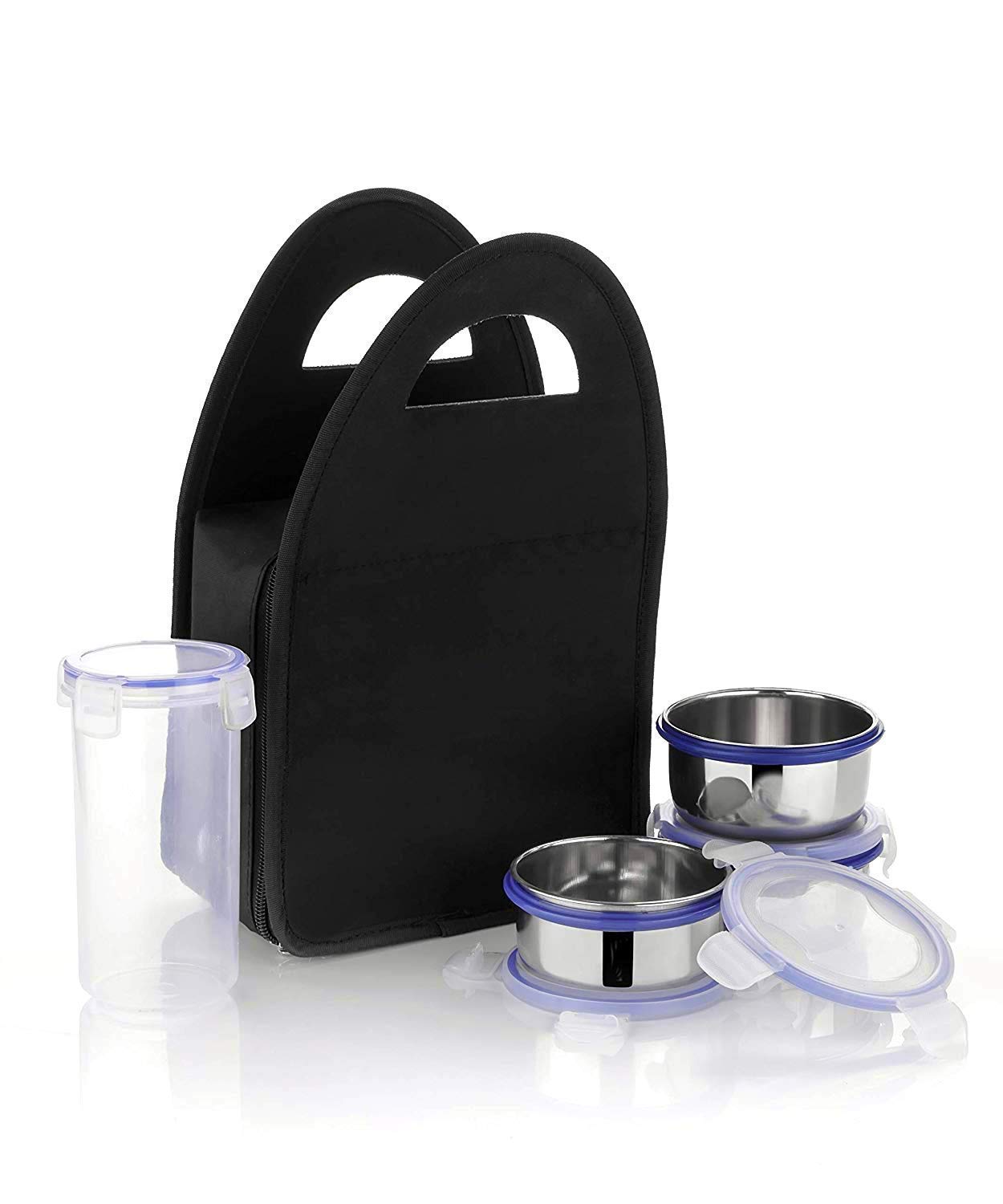 Stainless steel lunch containers set with 3 leakproof compartments and a bottle.