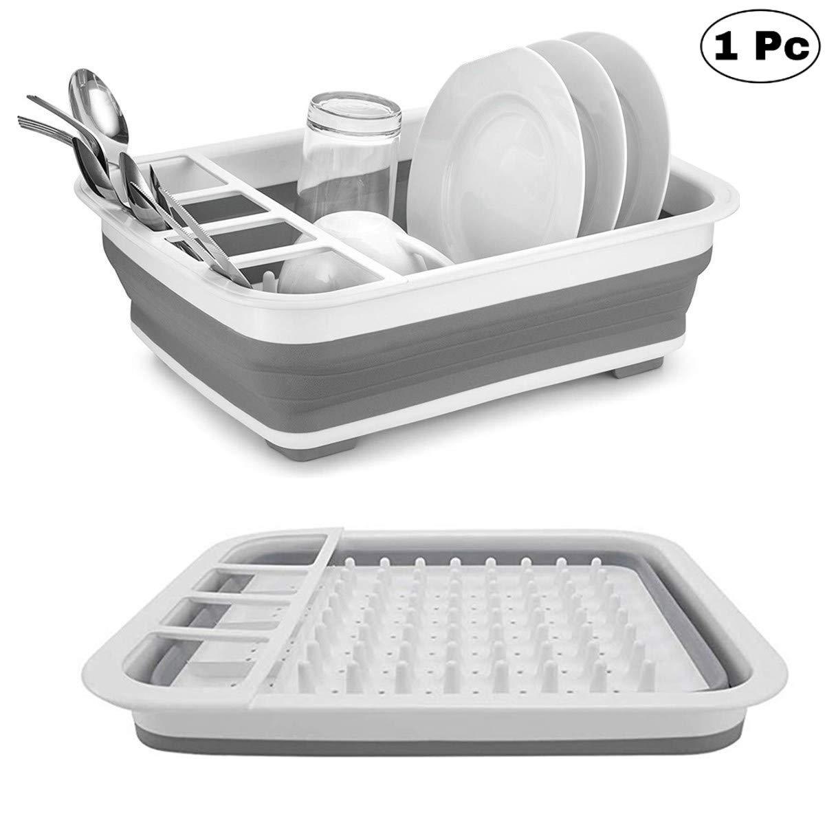 Silicone dish drying rack with utensil storage, collapsible and foldable