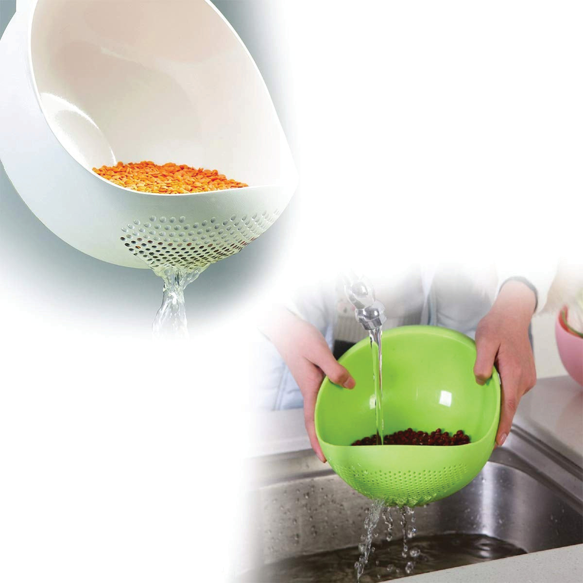 Large plastic strainer bowl, perfect for rinsing and storing rice or vegetables.