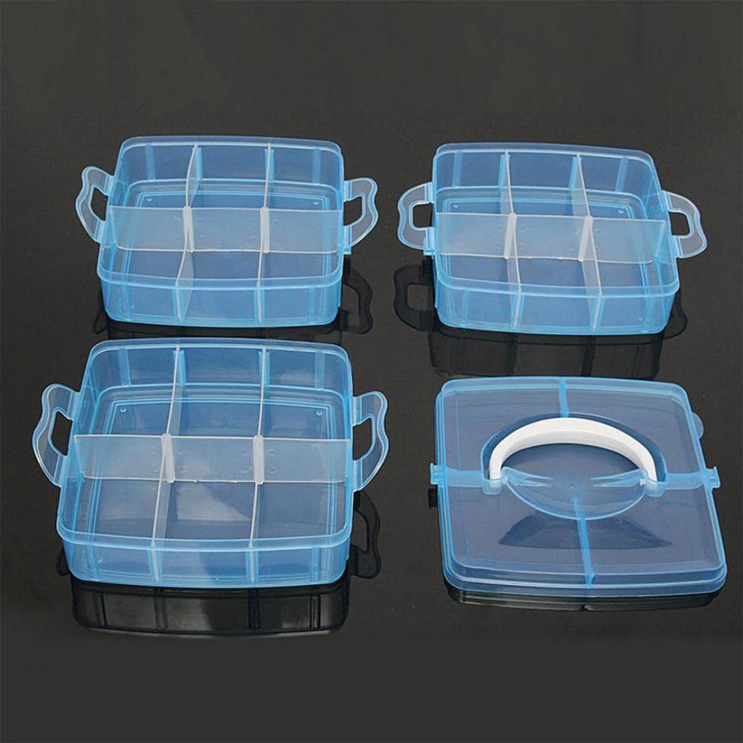 Craft storage box with 18 sections and 3-tier stackable design, made from transparent plastic