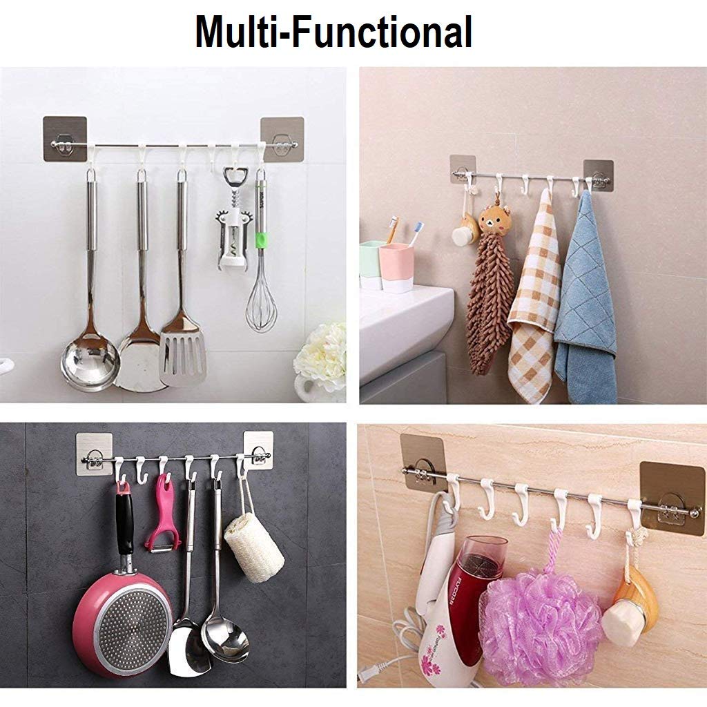 Plastic adhesive hooks for multipurpose hanging and organization.