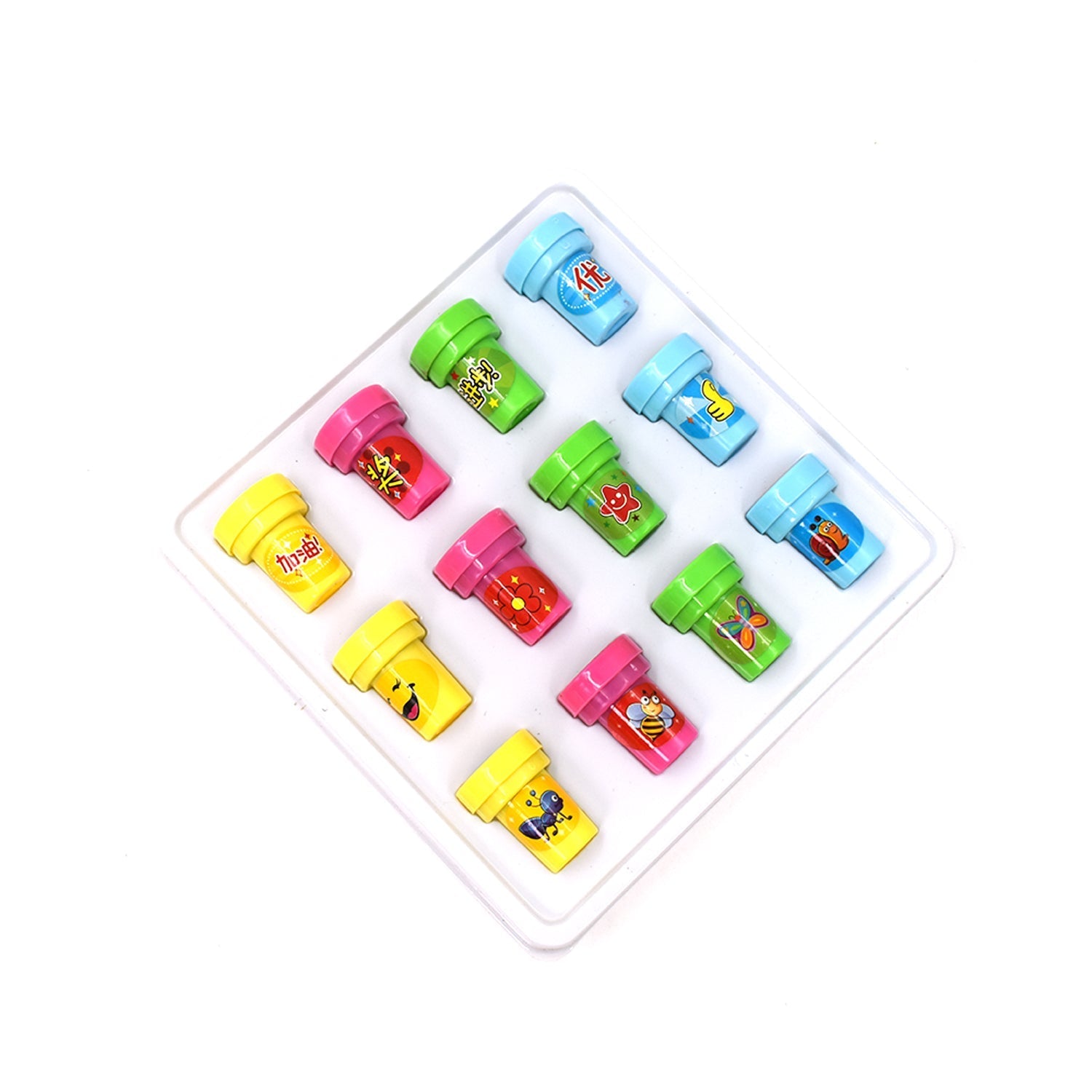 Colorful 12-piece stamp set for kids, ideal for crafts