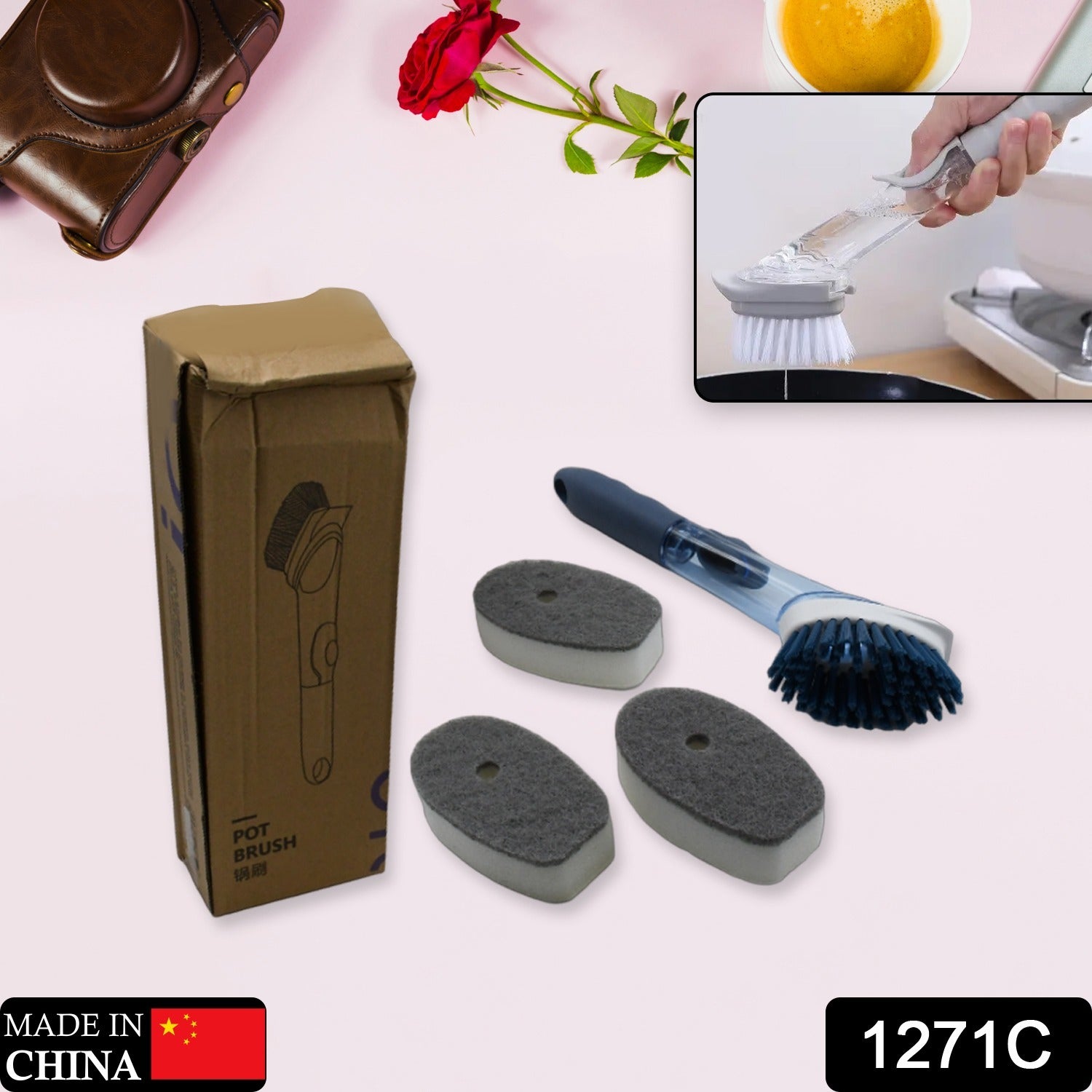 Soap dispensing dish brush set for cleaning