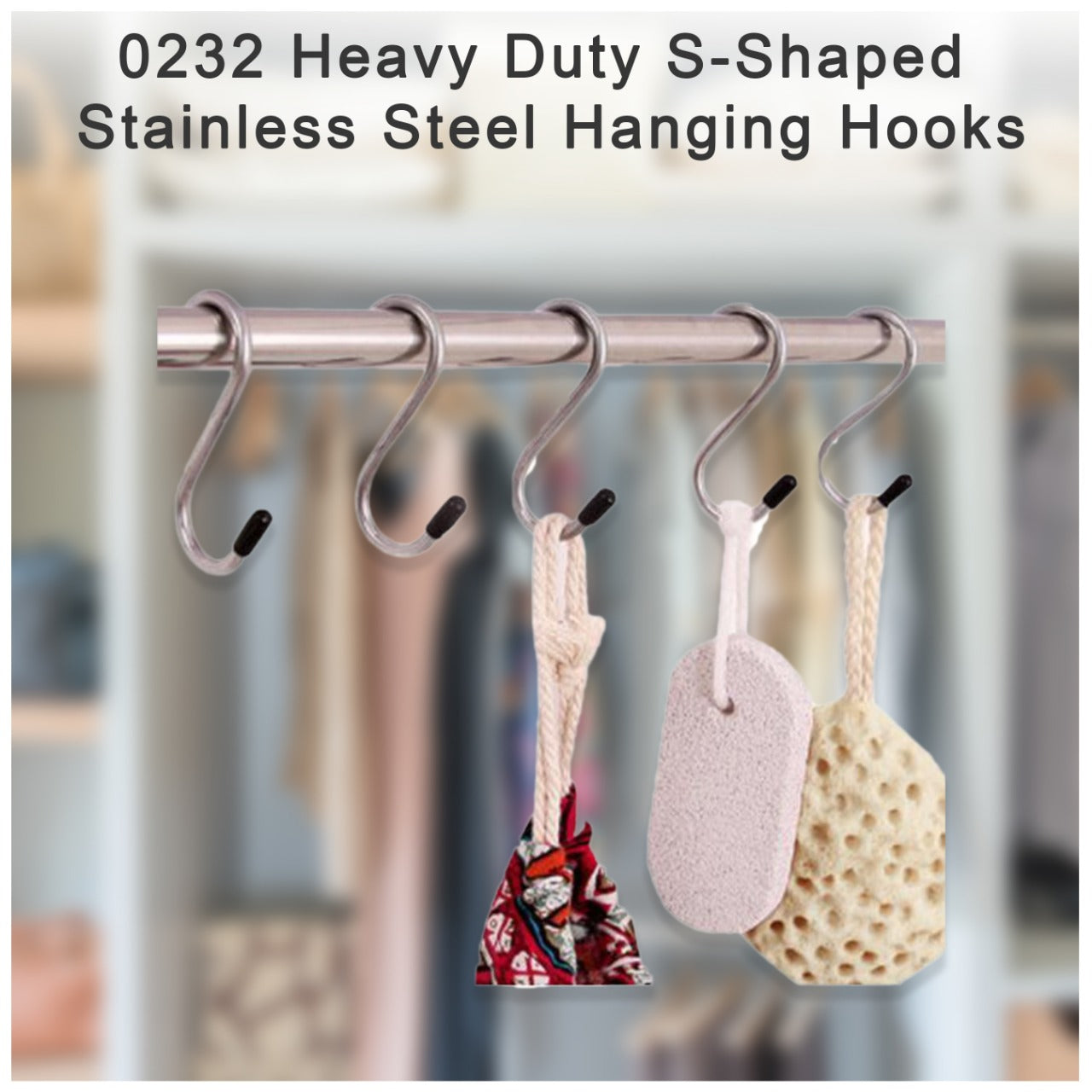 Five-piece set of strong stainless steel S-shaped hooks for various uses.