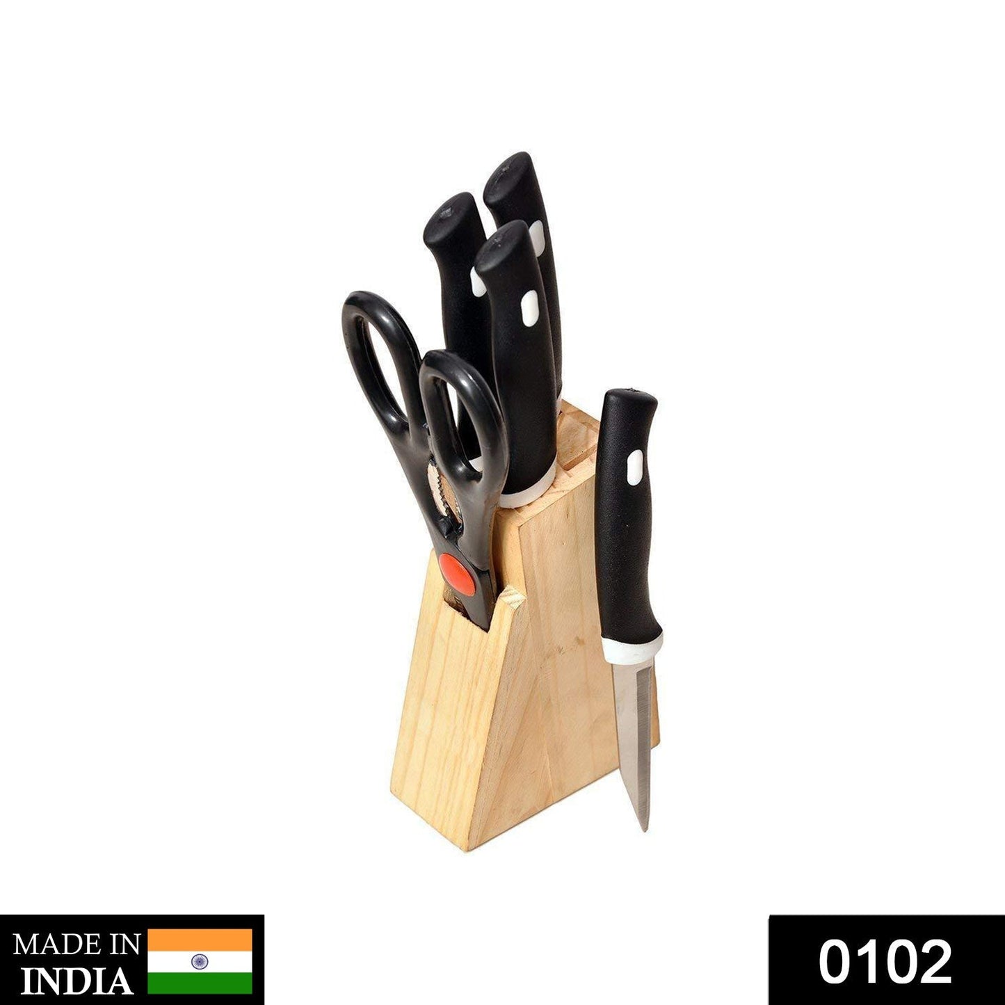 0102 Kitchen Knife Set with Wooden Block and Scissors (5 pcs, Black)