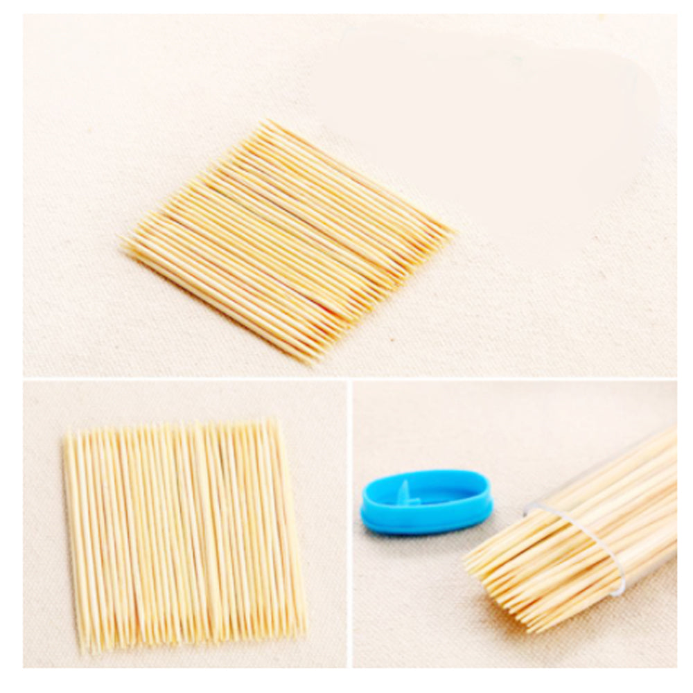 Toothpick dispenser box with eco-friendly bamboo sticks.