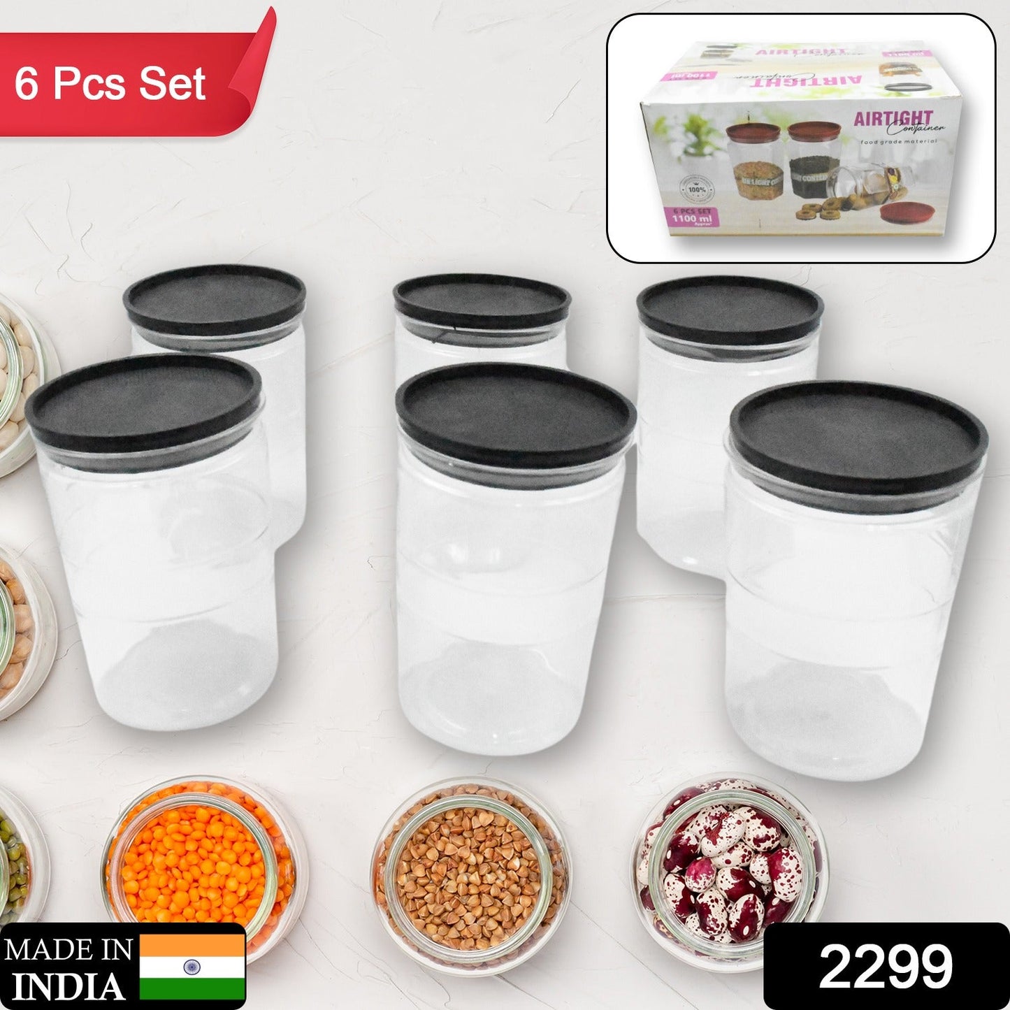 2299 Air Tight Kitchen Storage Container for Rice | Dal | Atta, BPA-Free, Flour | Cereals | Snacks | Stackable | Modular, Round. (Approx - 1100Ml, Set of 6pcs)