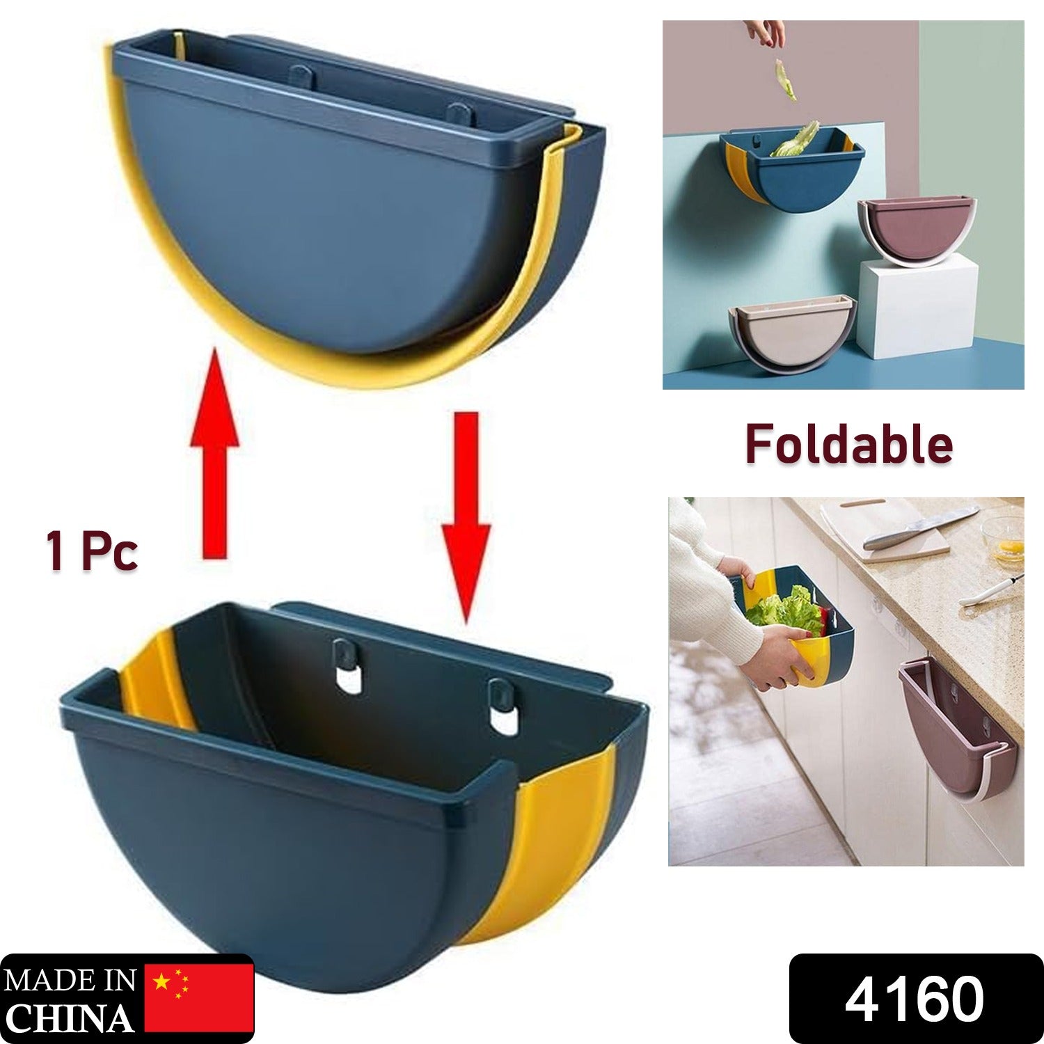 Foldable trash bin for kitchen cabinets and doors.