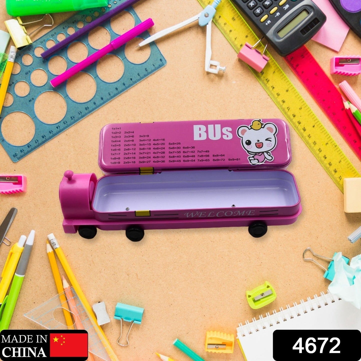 4672  Double Decker Magic Bus Compass 2 Layer Metal Bus Compass Pencil Case with Movable Wheels & Sharpener Bus Shape with Tiers Metal Pencil Box for Kids Birthday Party